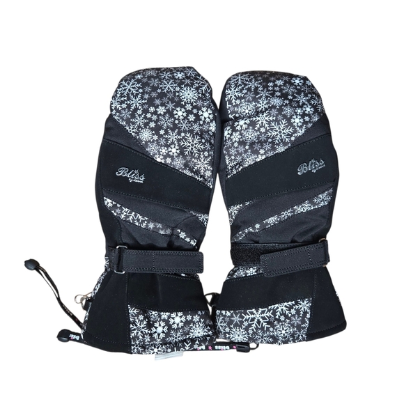 Level Bliss Women Black White Venus Snowflake Snow Ski Mitt Gloves Fur Lined - Picture 1 of 15